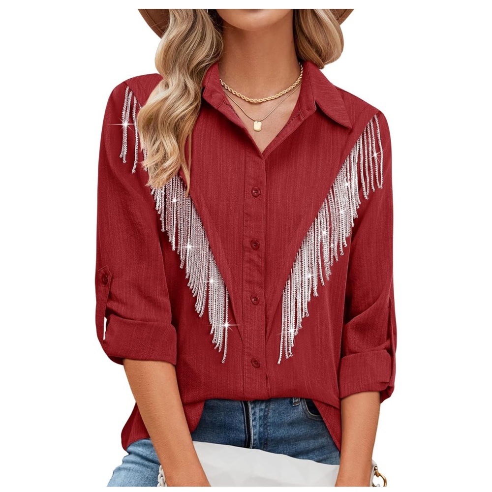 Red Embellished 3/4 Sleeve Button Down Shirt